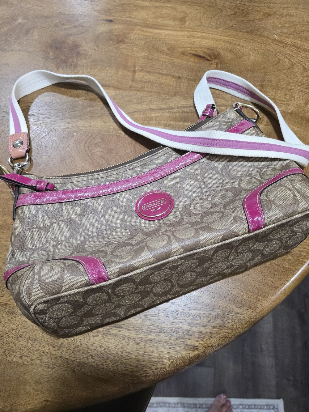 Coach Signature Canvas Shoulder Bag in Pink Trim
